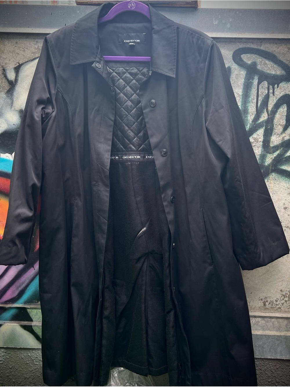 Jones New York Classic Black All Weather Rain Coat with Quilted Inner Panel